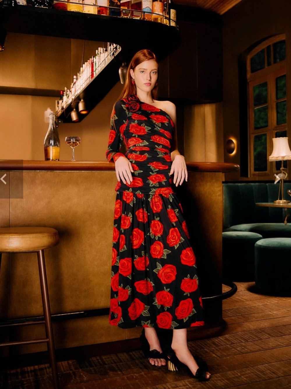 FARM Rio One-Shoulder Dress with Red Rose Print